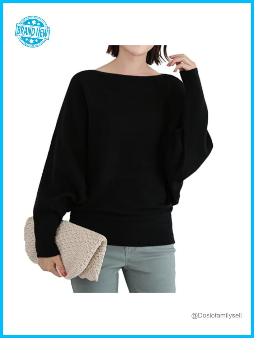 Batwing Long Sleeve Pullover Sweater Oversize Boat Neck Ribbed Knit